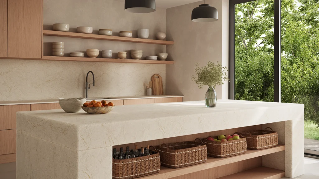 Caesarstone ICON 8251 Taj Whisper Kitchen with minimalist kitchen with wooden shelves, marble island, woven baskets, pendant lights, and greenery outside window.