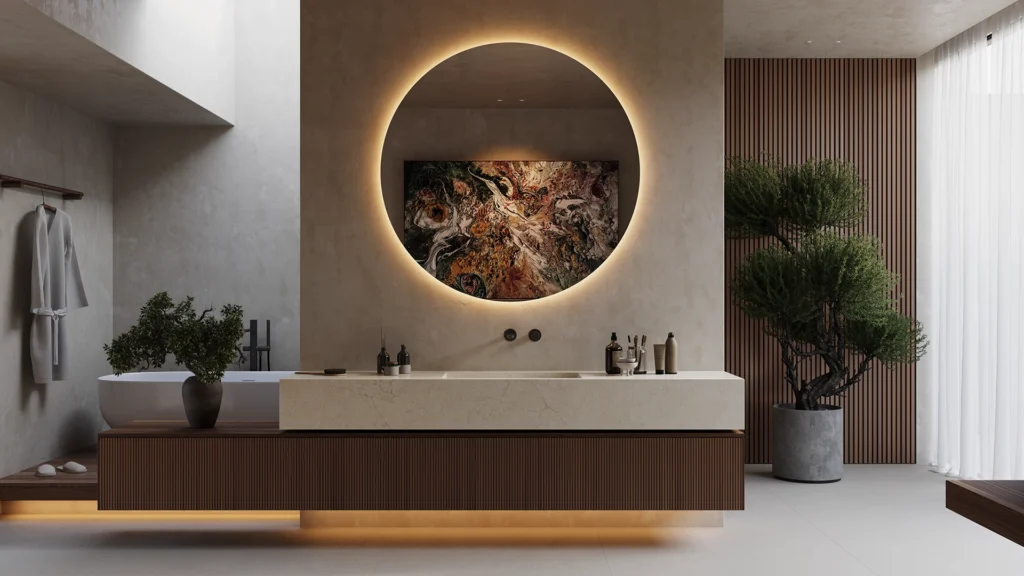 Caesarstone ICON 8252 Sedara in Modern bathroom with illuminated round mirror, floating vanity, potted plants, and minimalist decor.