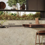 Caesarstone Porcelain 542 Mosstone surface in outdoor modern kitchen