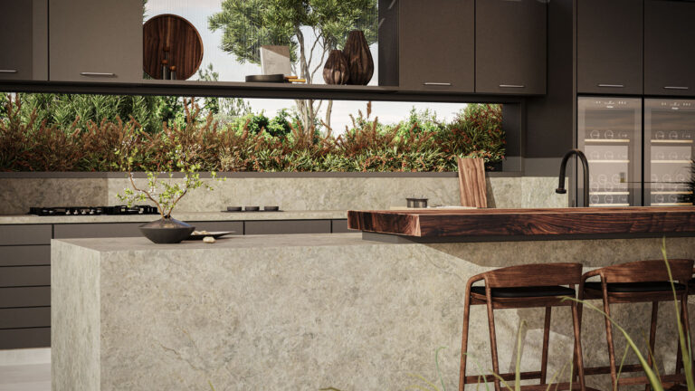 Caesarstone Porcelain 542 Mosstone surface in outdoor modern kitchen